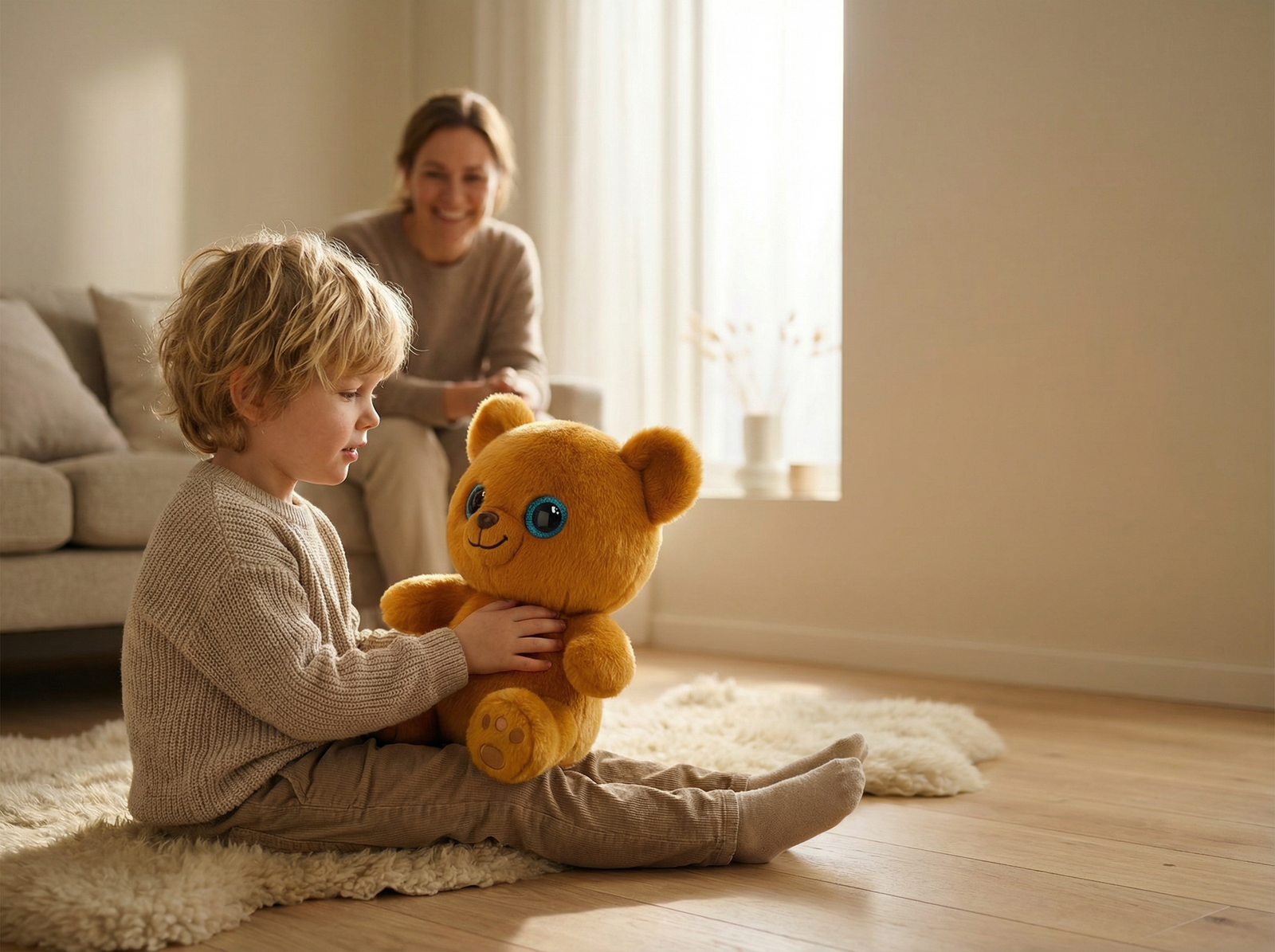 Yuumiu Bear Elf plush AI companion helping a child feel calm and heard at home