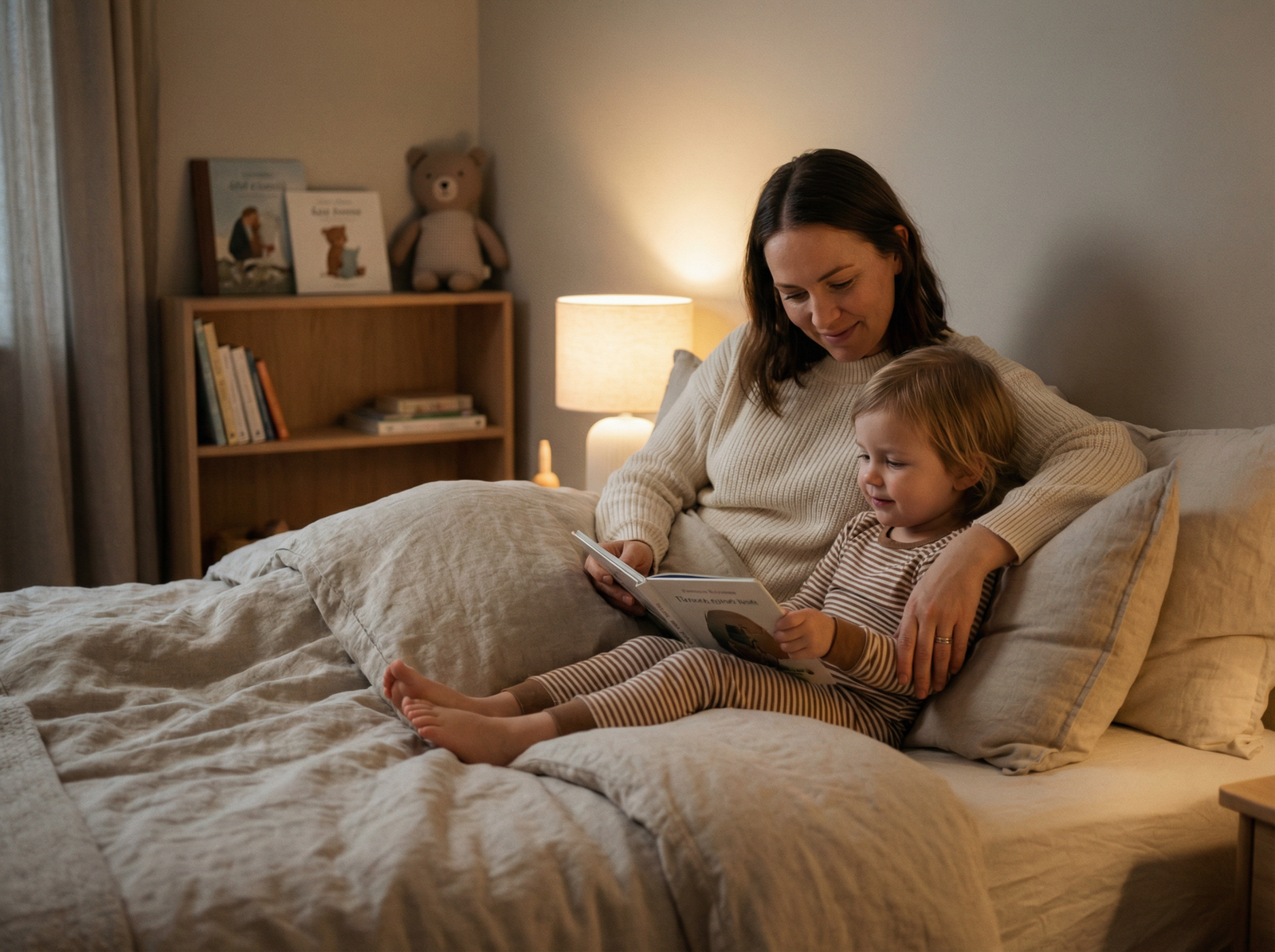 A calm evening wind-down routine in a warm home setting.
