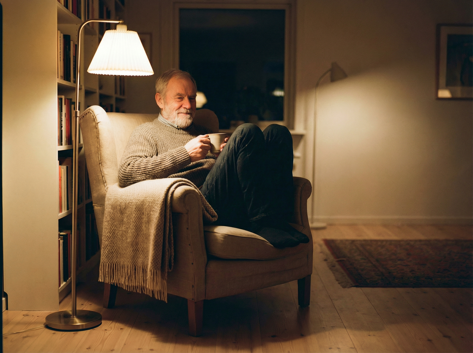 A quiet evening companionship moment in a warm home setting.