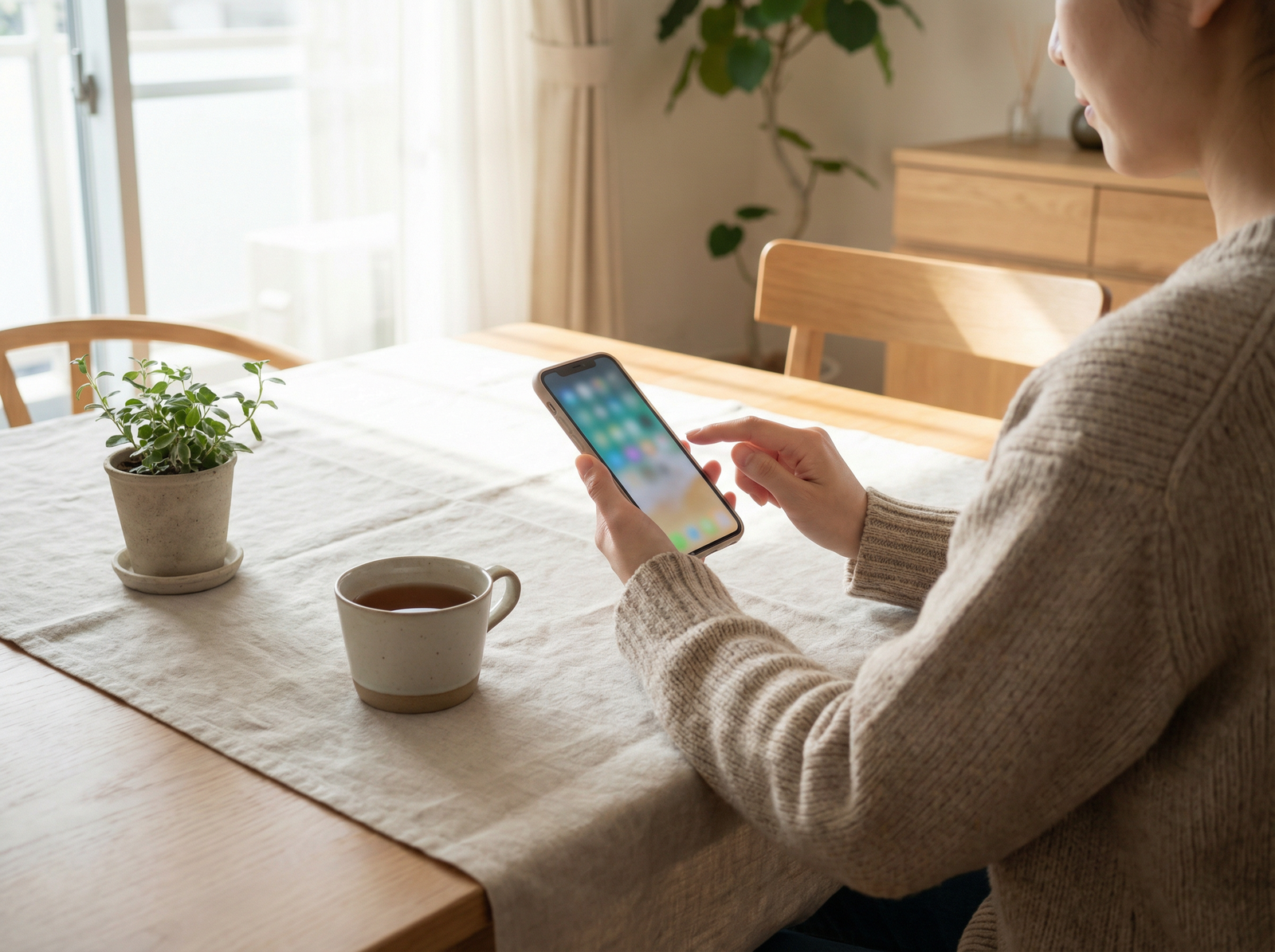 A simple, calm setup moment using a smartphone with an unreadable screen, emphasizing clear and controllable setup.