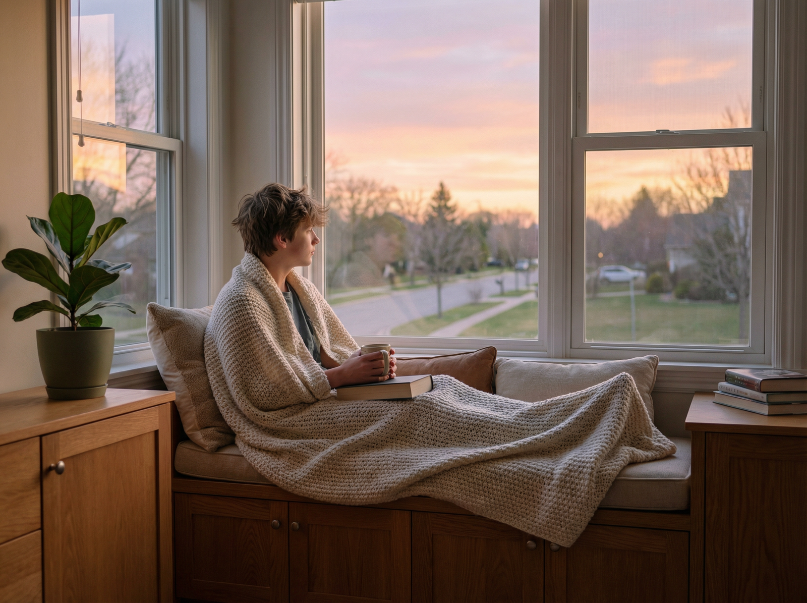A quiet reset moment at home with soft evening light.