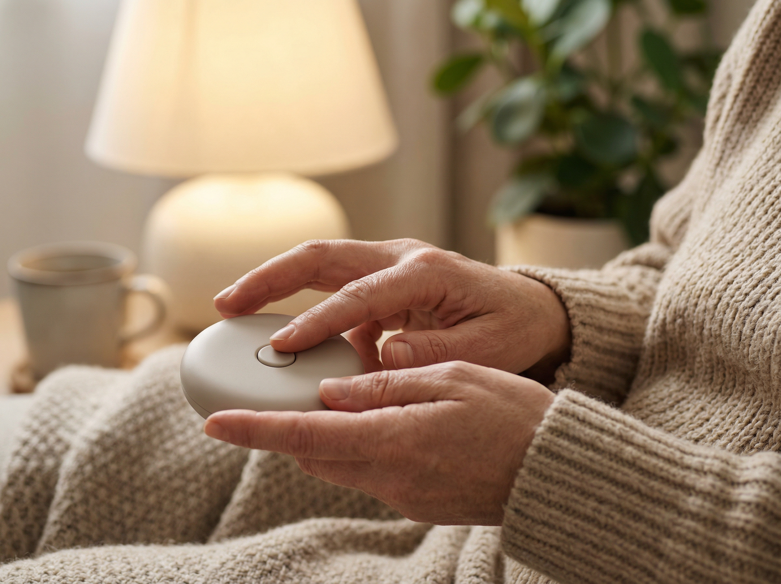 A calm, unbranded control gesture conveying visible and controllable trust-by-design.