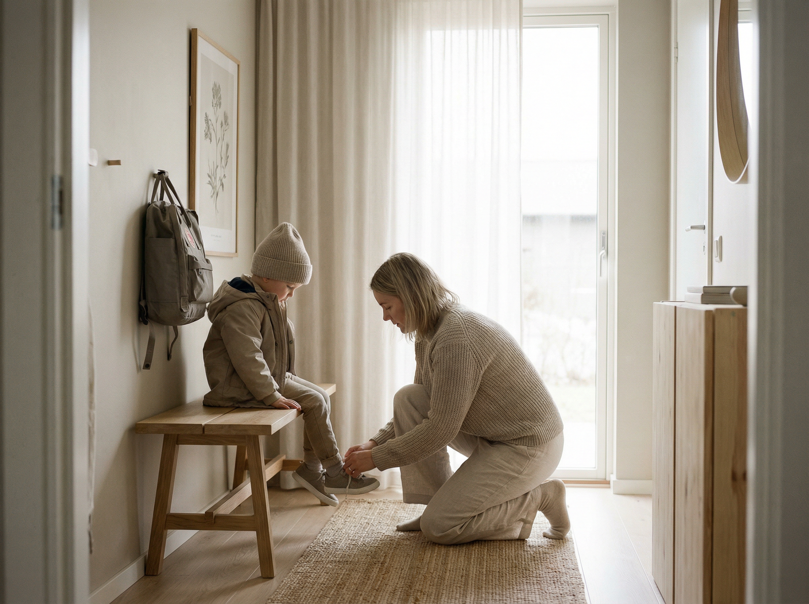 A calm, low-friction routine moment in a Scandinavian home.