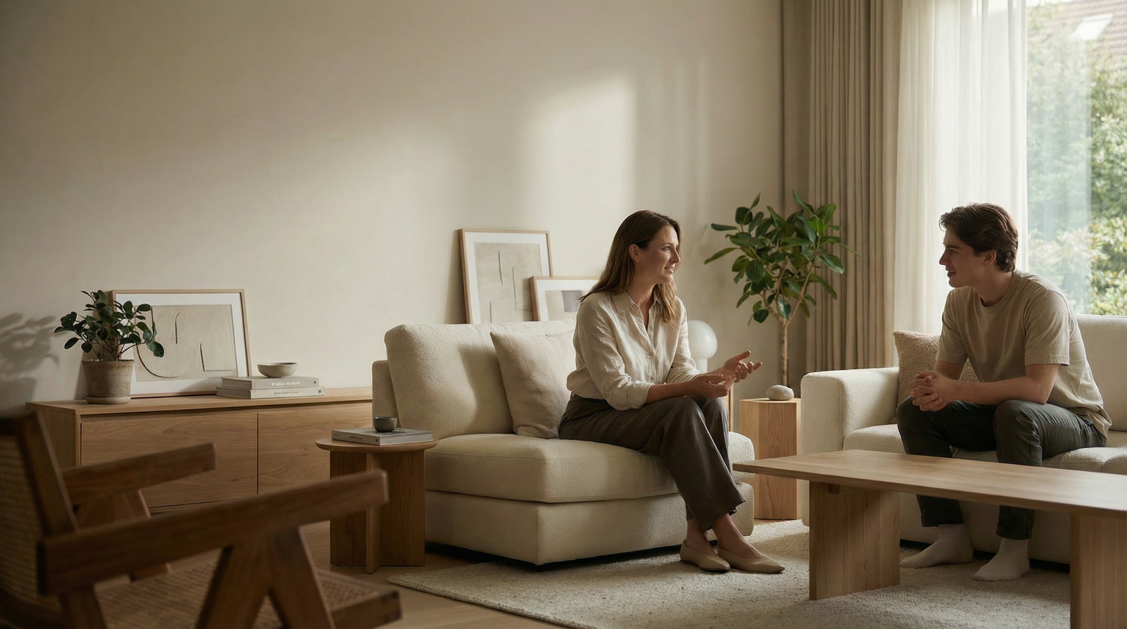 People interacting naturally with Yuumiu companion products in a calm real-life home setting